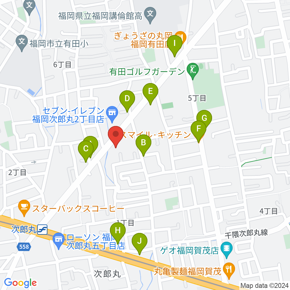 西部ピアノ福岡工房周辺のファミレス・ファーストフード一覧地図