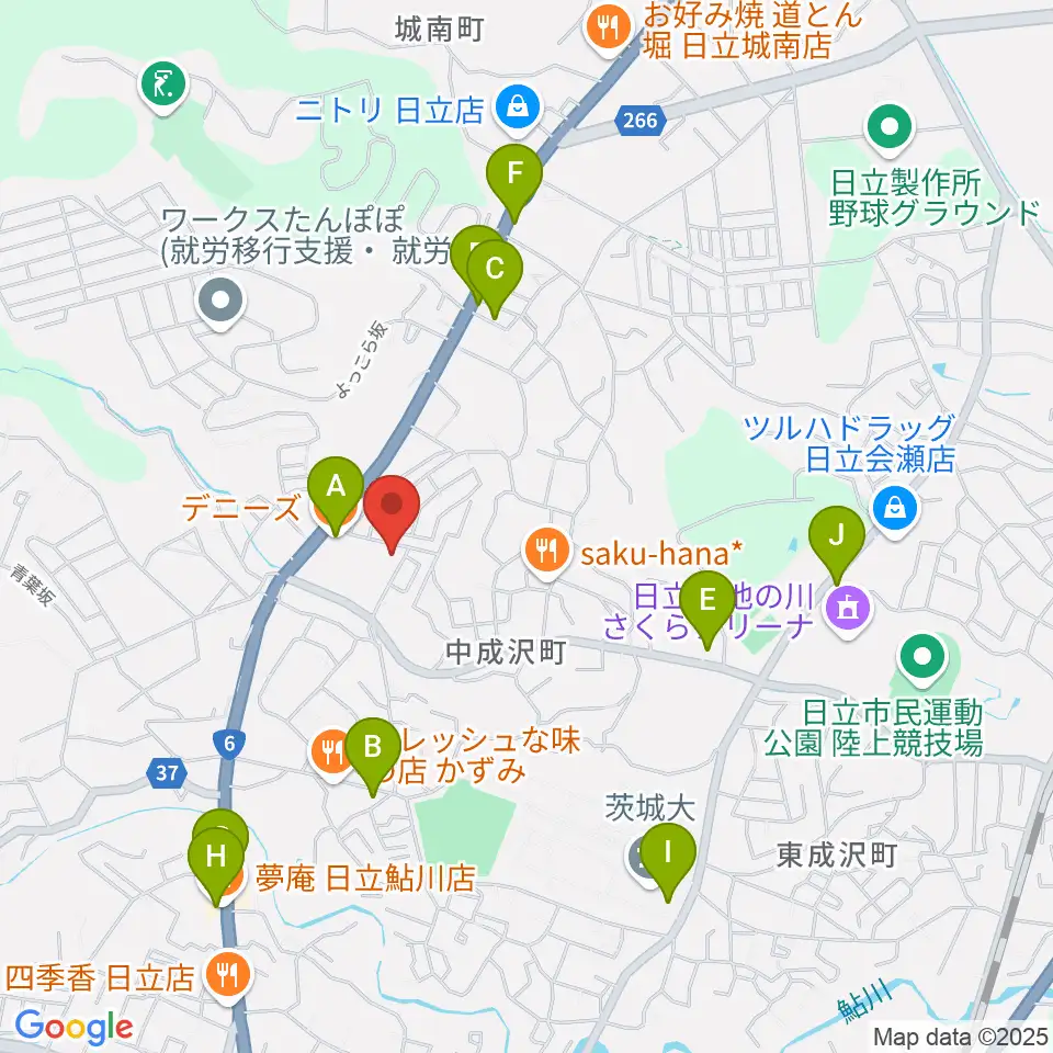 成沢プレーゴセンター ヤマハ音楽教室周辺のファミレス・ファーストフード一覧地図