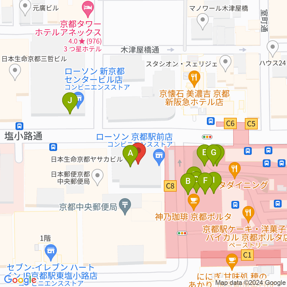 JEUGIAハーモニーステーション京都駅前周辺のファミレス・ファーストフード一覧地図