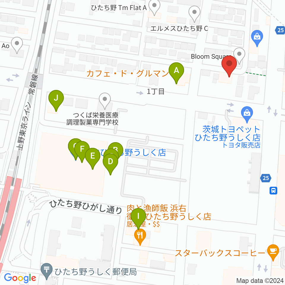 ひたち野うしく総合センター ヤマハミュージック周辺のファミレス・ファーストフード一覧地図