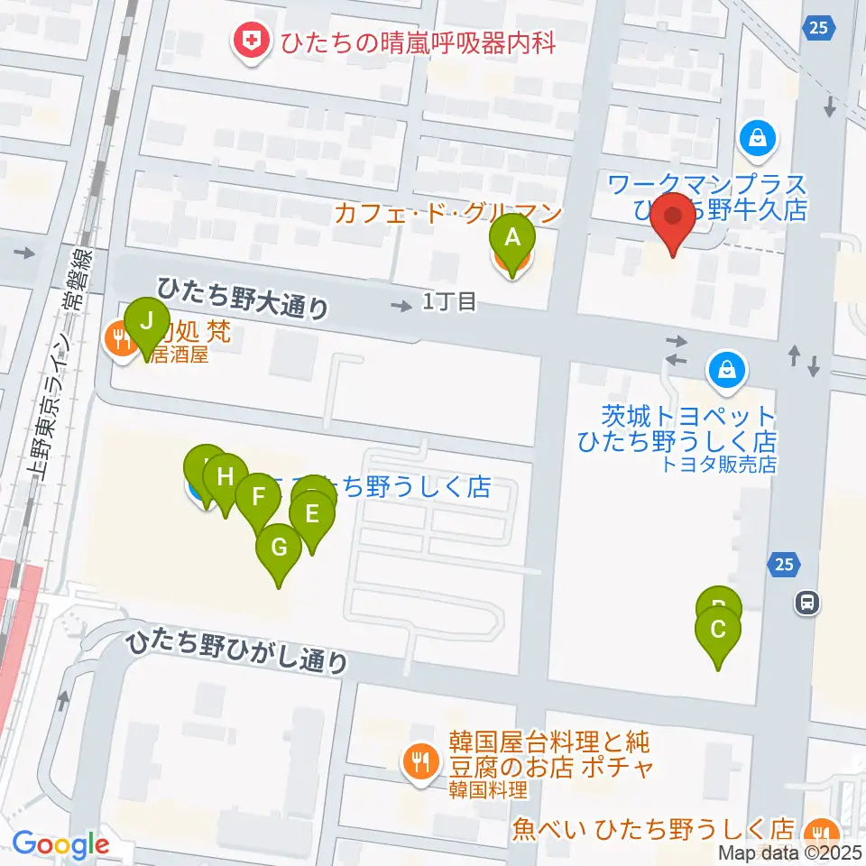 ひたち野うしく総合センター ヤマハミュージック周辺のファミレス・ファーストフード一覧地図