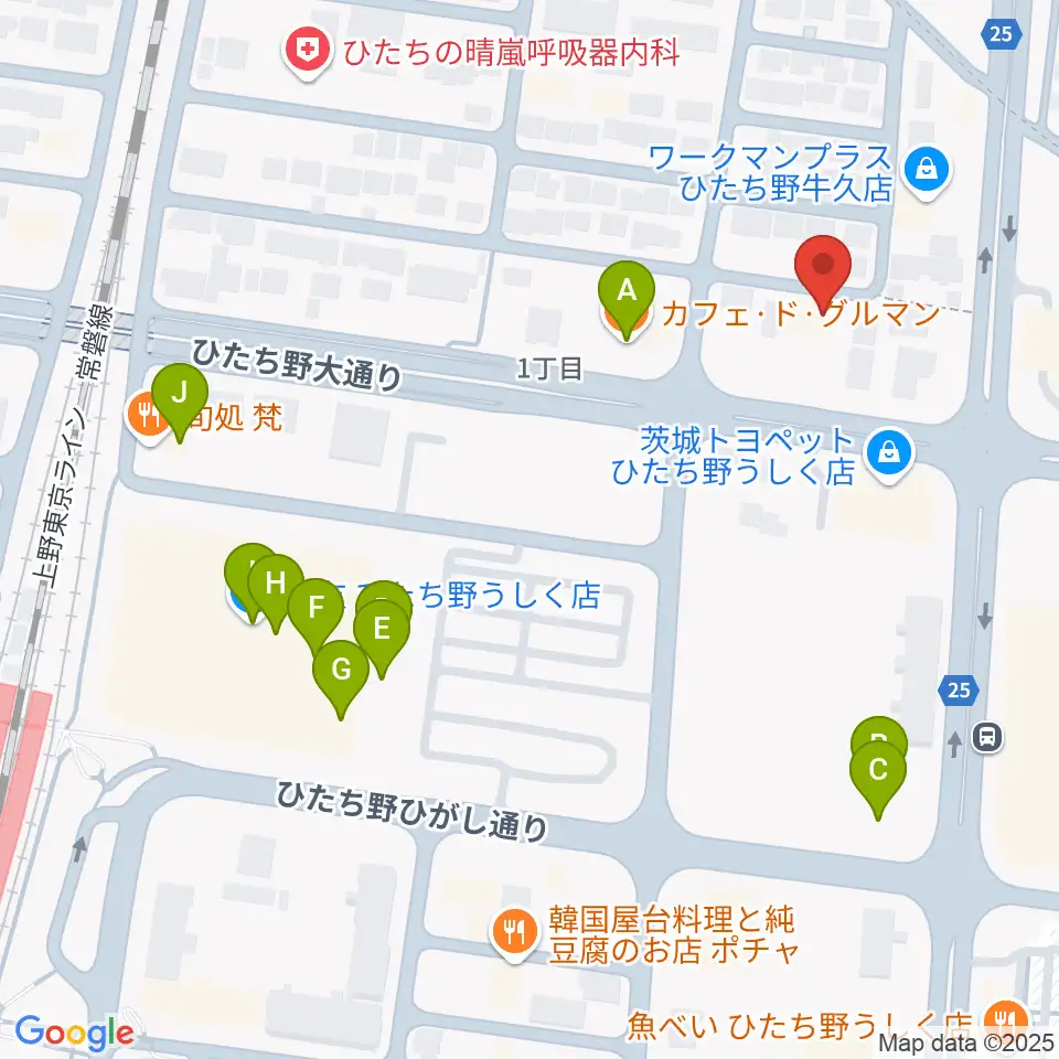ひたち野うしく総合センター ヤマハミュージック周辺のファミレス・ファーストフード一覧地図