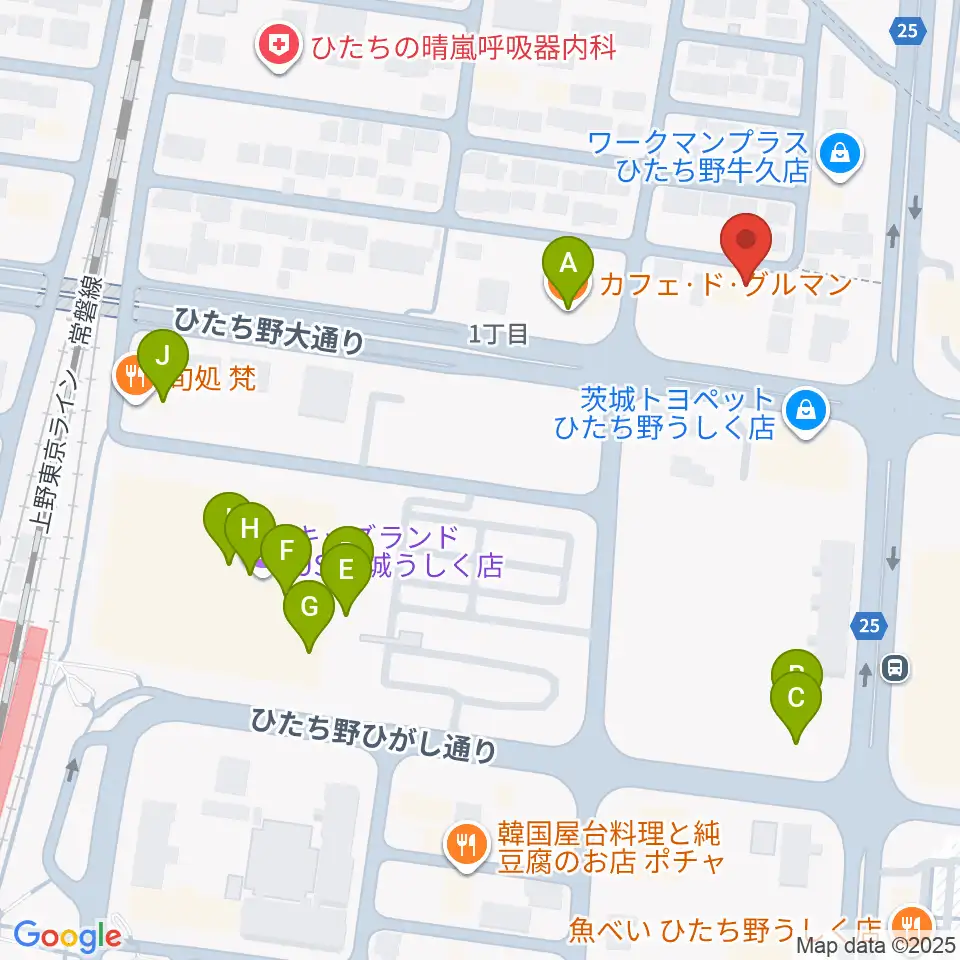 ひたち野うしく総合センター ヤマハミュージック周辺のファミレス・ファーストフード一覧地図
