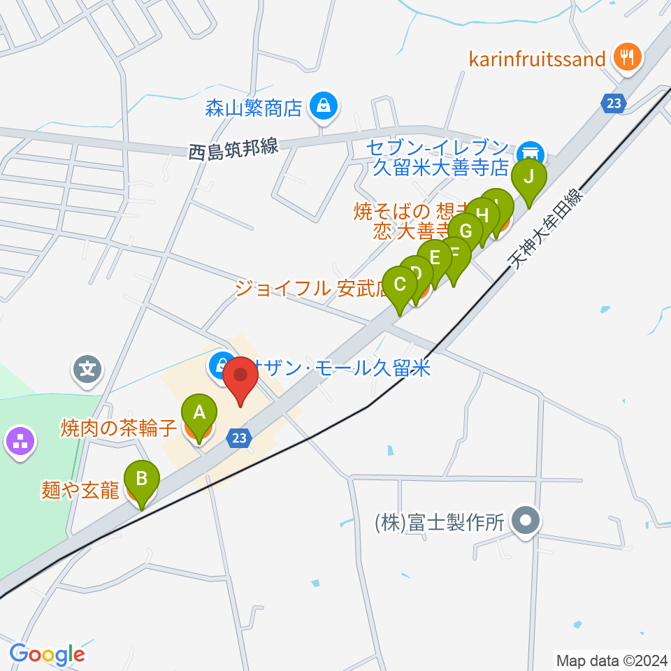 ちあき音楽教室 久留米教室周辺のファミレス・ファーストフード一覧地図