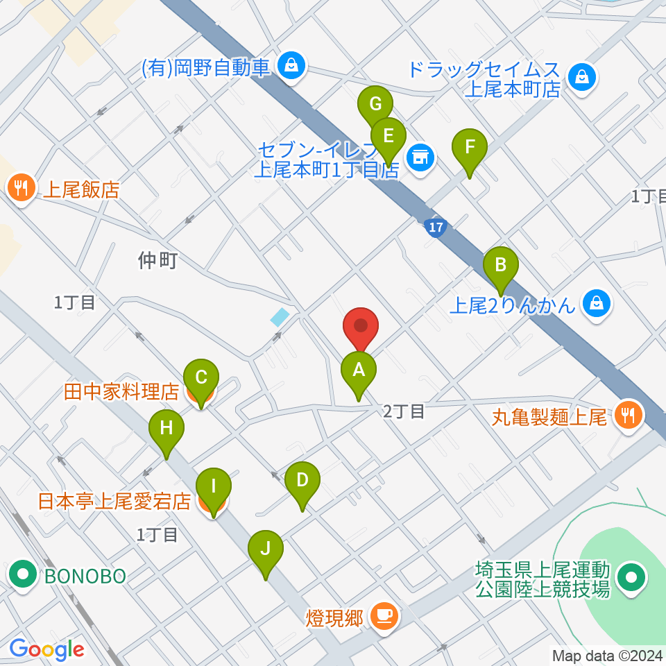 あたごピアノ教室周辺のファミレス・ファーストフード一覧地図