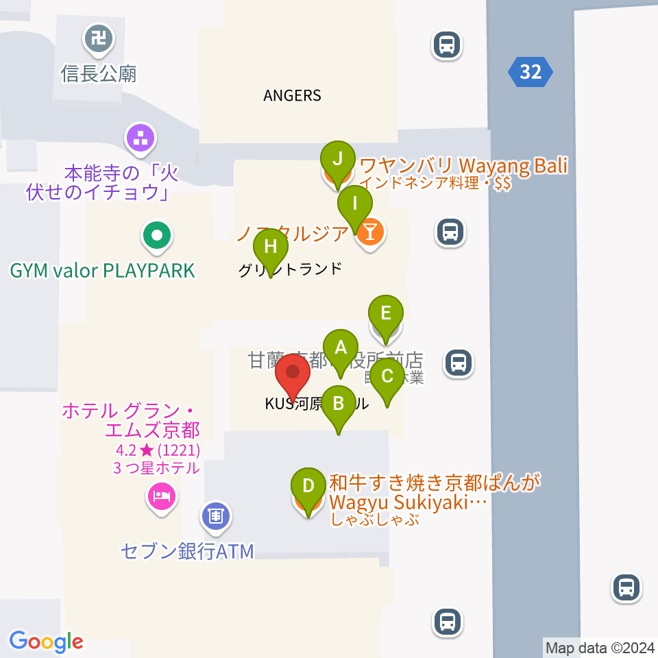 ロキシーミュージックスクール京都三条校周辺のファミレス・ファーストフード一覧地図