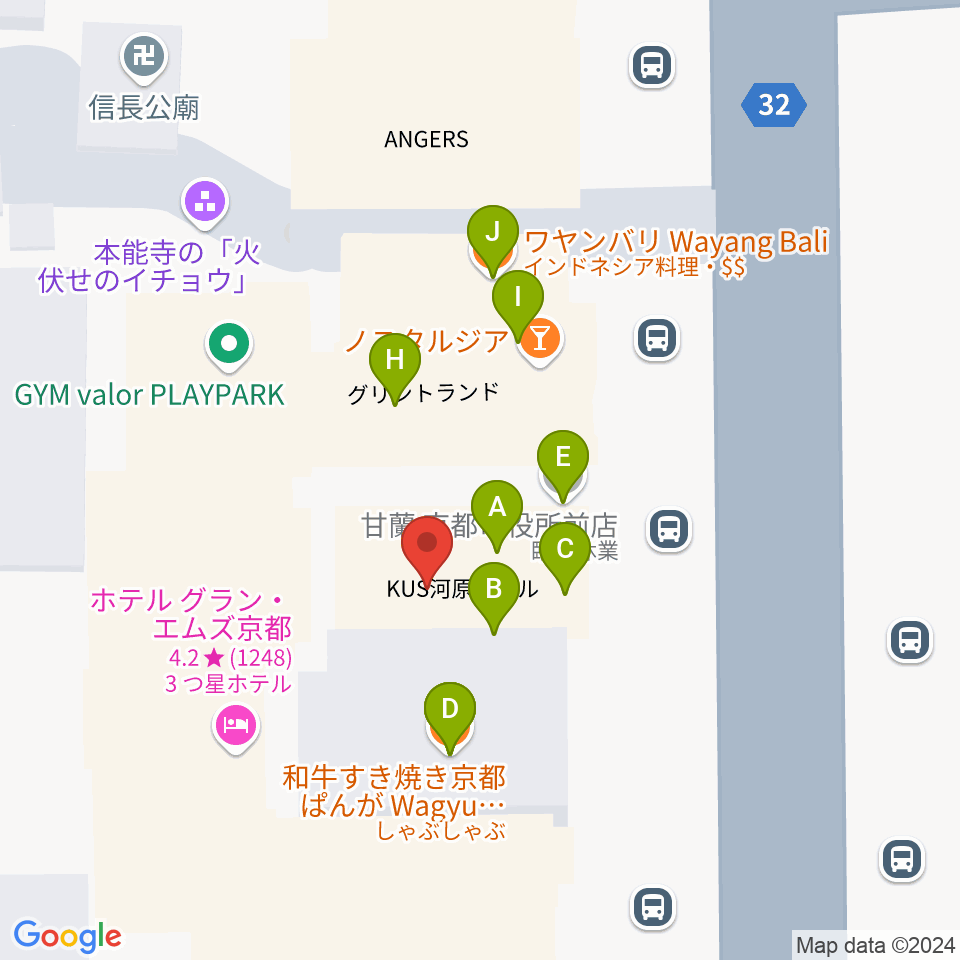 ロキシーミュージックスクール京都三条校周辺のファミレス・ファーストフード一覧地図