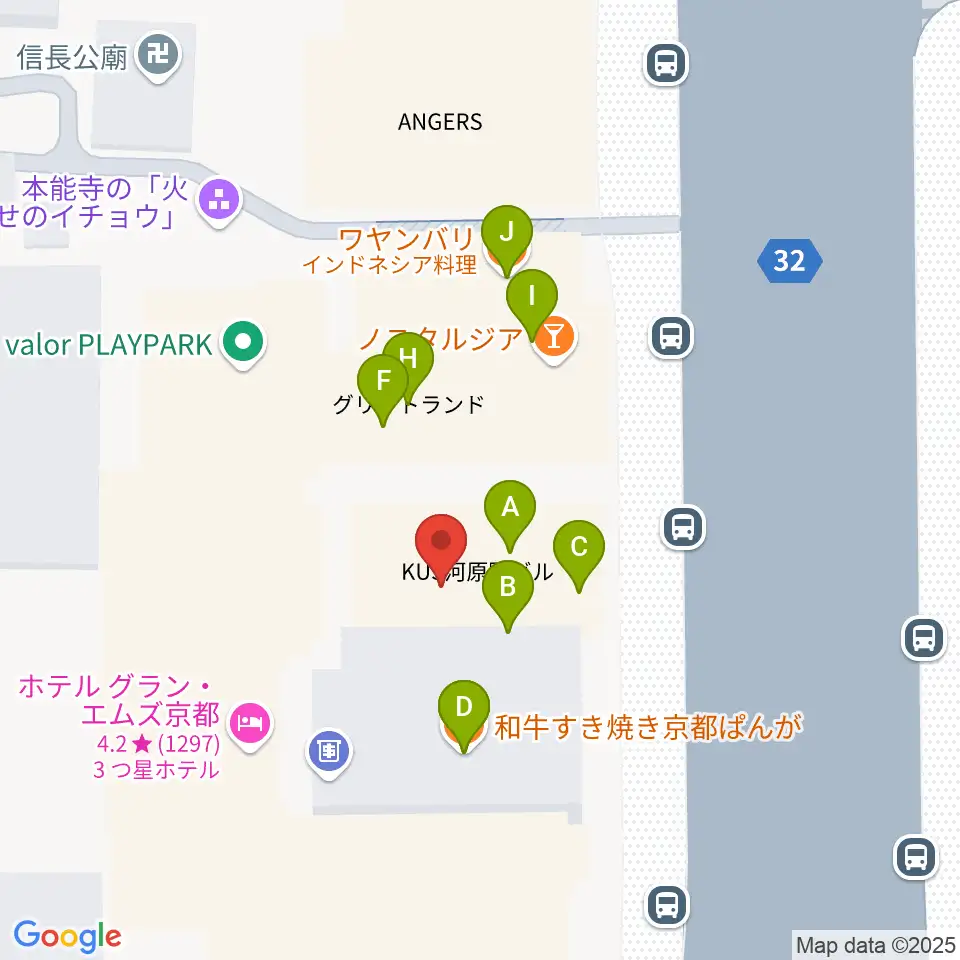 ロキシーミュージックスクール京都三条校周辺のファミレス・ファーストフード一覧地図