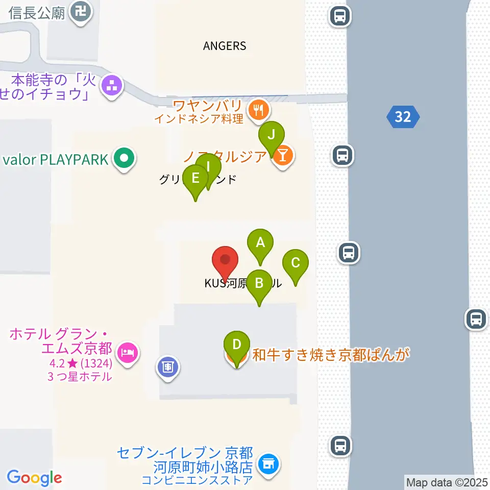 ロキシーミュージックスクール京都三条校周辺のファミレス・ファーストフード一覧地図