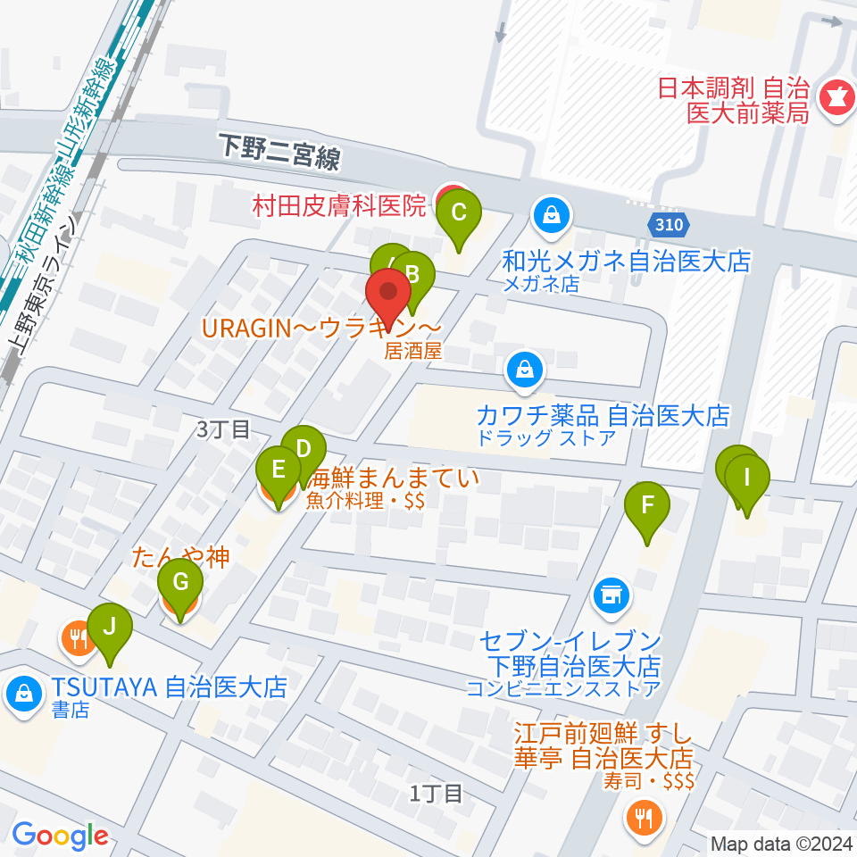 自治医大センター ヤマハミュージック周辺のファミレス・ファーストフード一覧地図