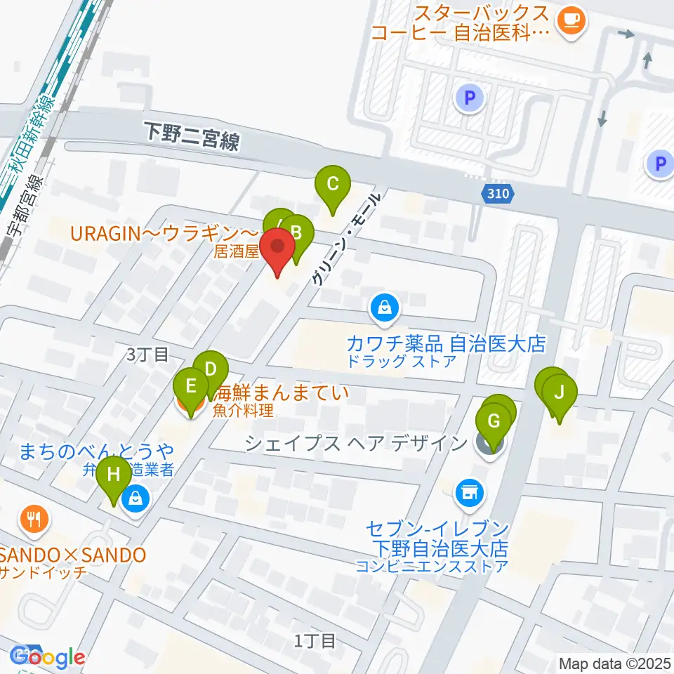 自治医大センター ヤマハミュージック周辺のファミレス・ファーストフード一覧地図