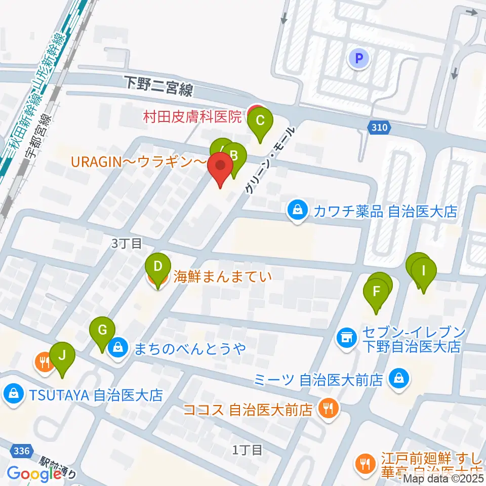 自治医大センター ヤマハミュージック周辺のファミレス・ファーストフード一覧地図