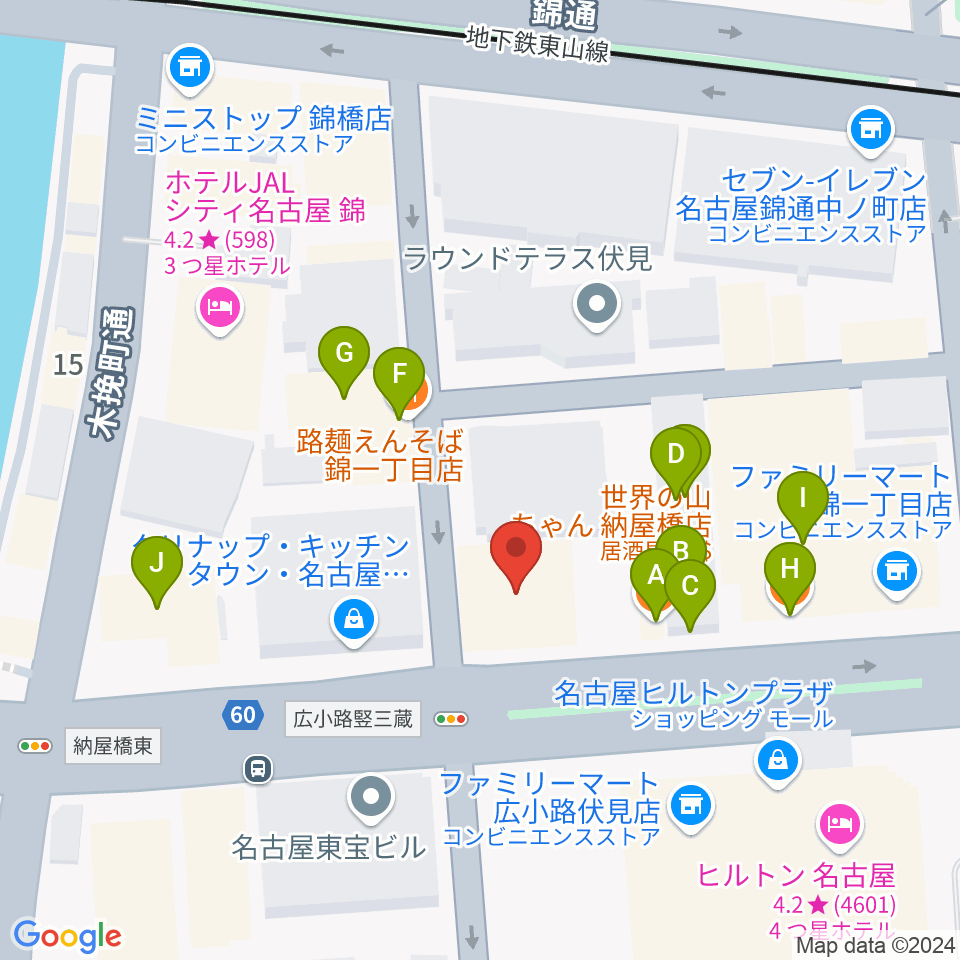 ヤマハミュージック 名古屋店周辺のファミレス・ファーストフード一覧地図