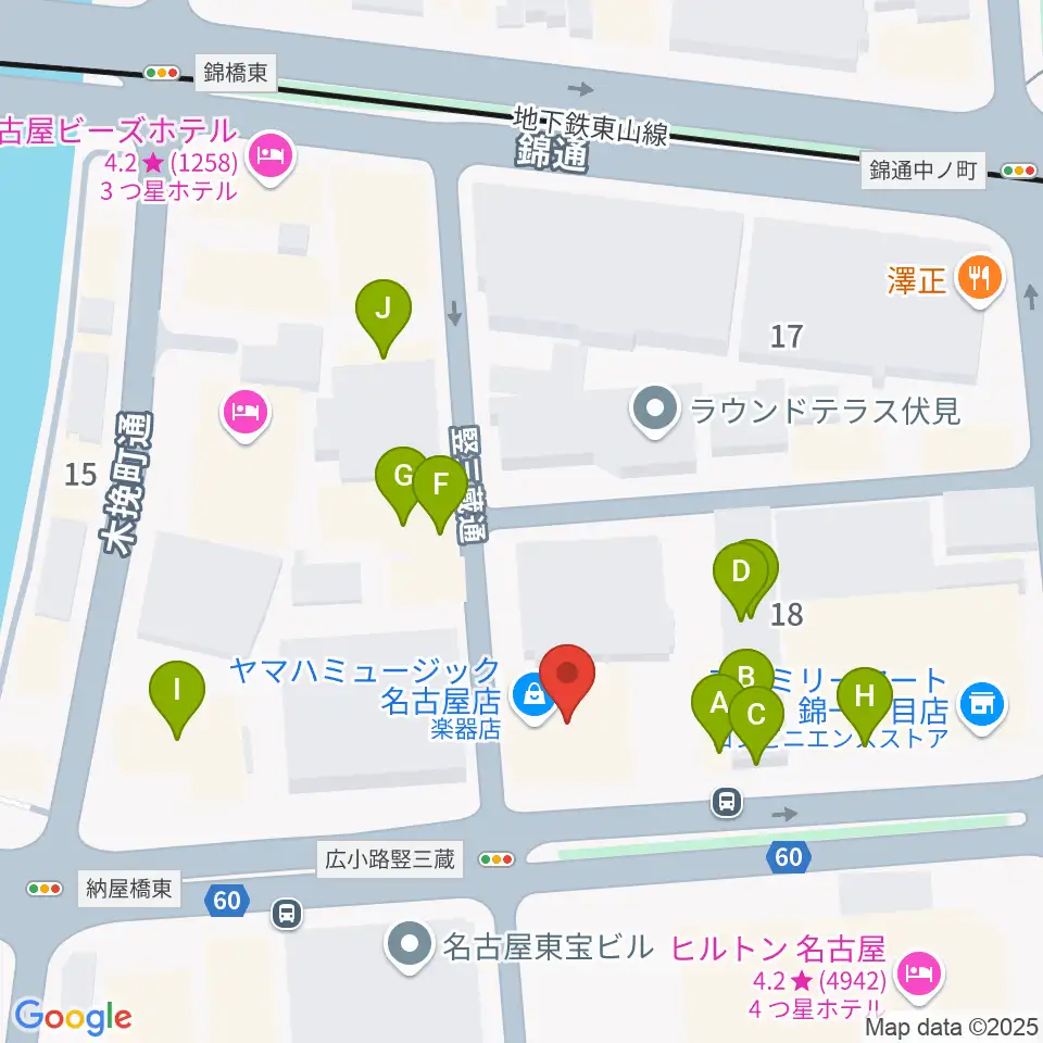 ヤマハミュージック 名古屋店周辺のファミレス・ファーストフード一覧地図