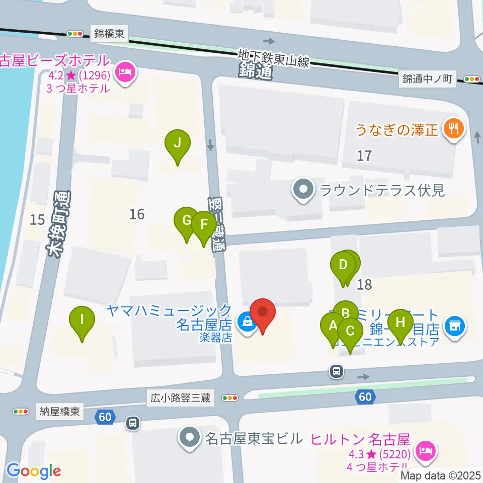ヤマハミュージック 名古屋店周辺のファミレス・ファーストフード一覧地図