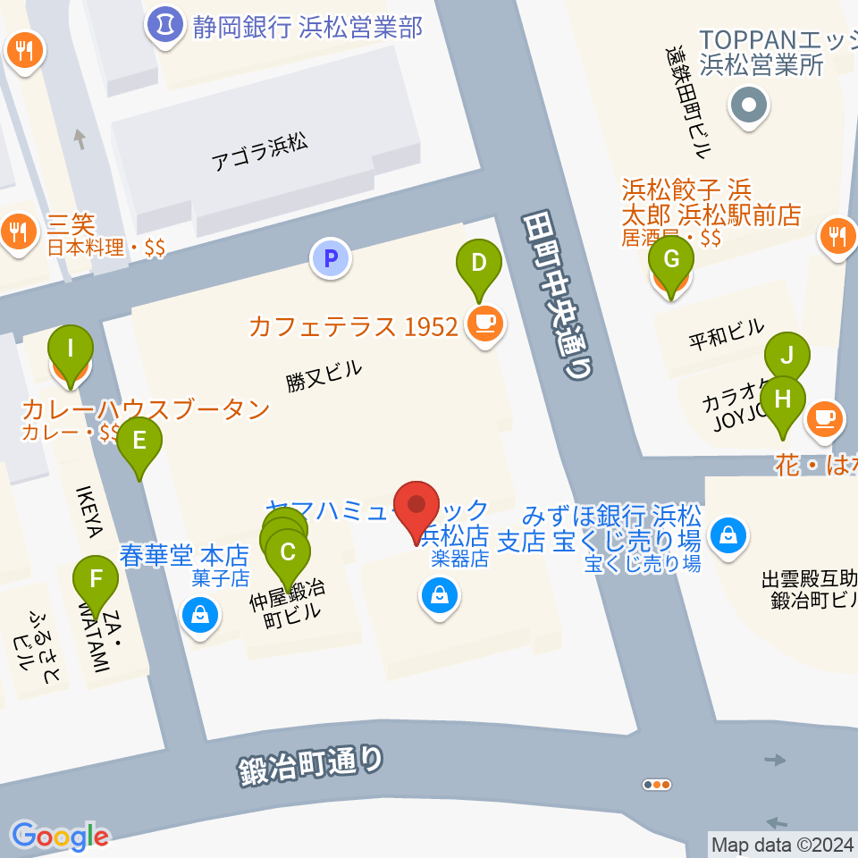 ヤマハミュージック 浜松店周辺のファミレス・ファーストフード一覧地図