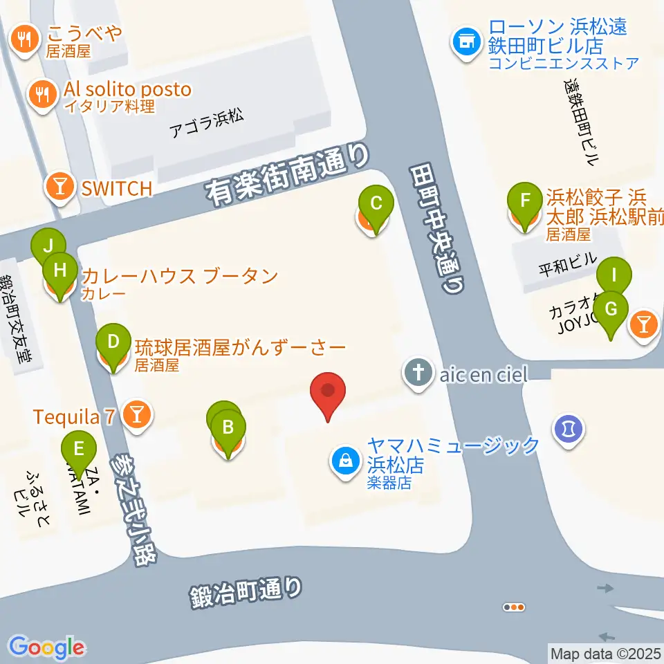ヤマハミュージック 浜松店周辺のファミレス・ファーストフード一覧地図