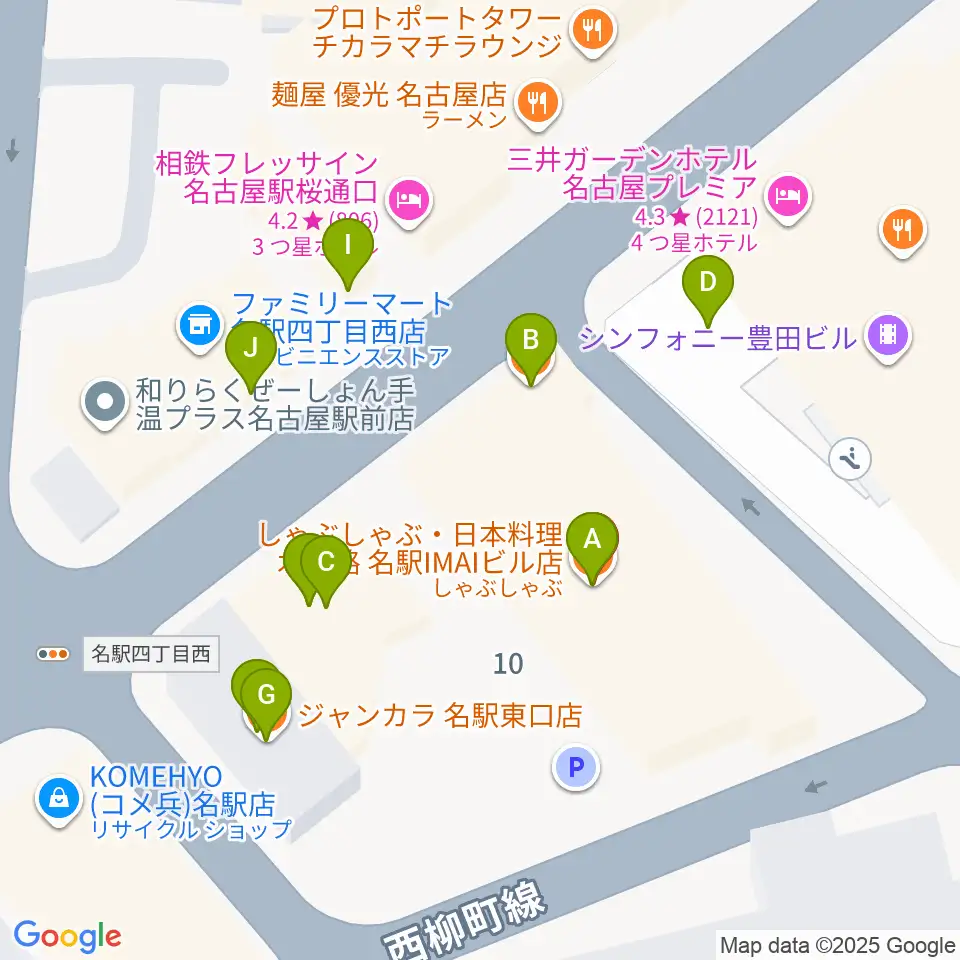 ミュージックアベニュー名駅周辺のファミレス・ファーストフード一覧地図