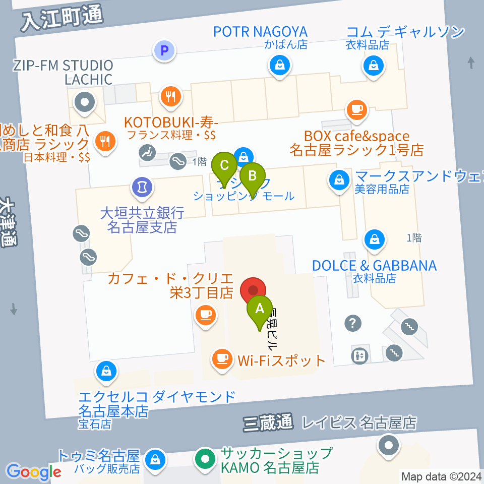 ミュージックアベニュー栄 ヤマハミュージック周辺のファミレス・ファーストフード一覧地図