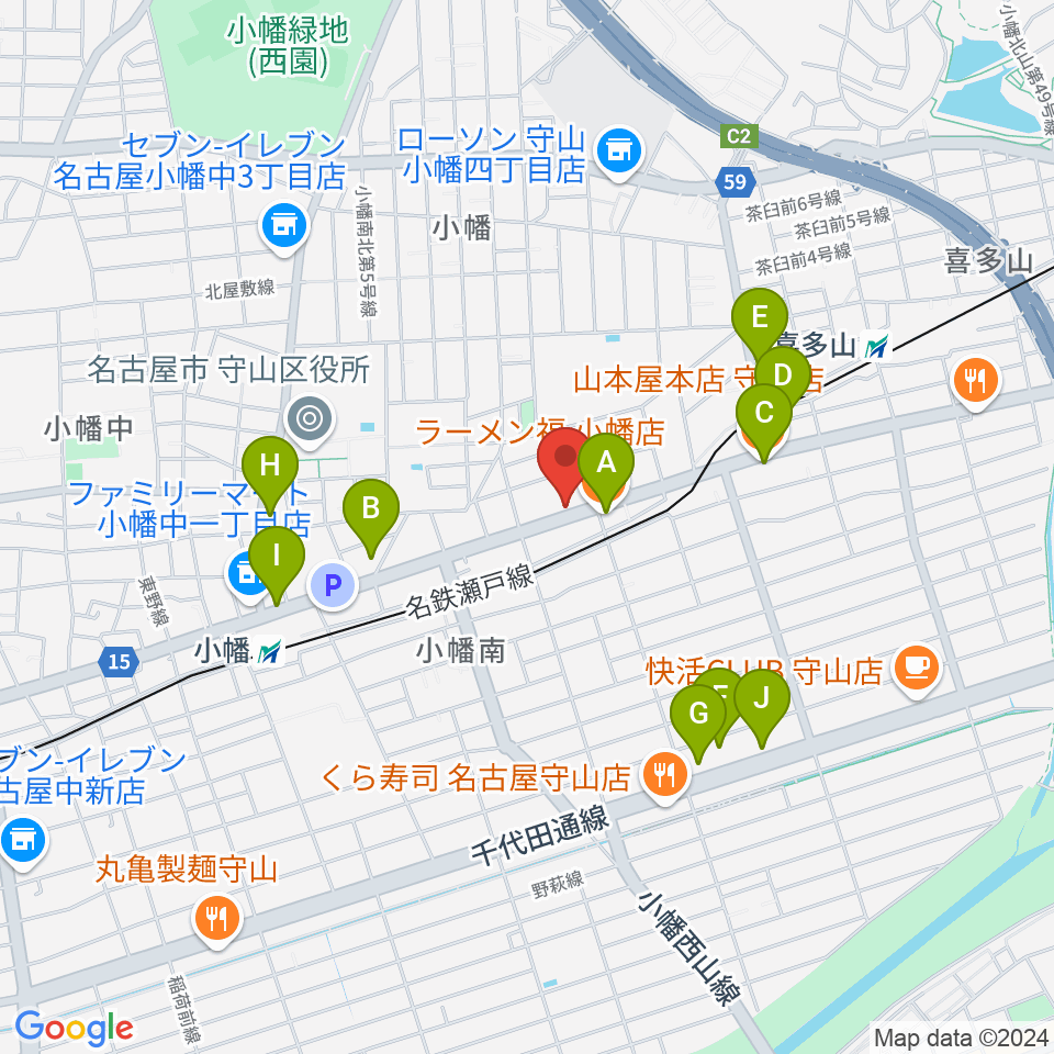 守山音楽センター ヤマハミュージック周辺のファミレス・ファーストフード一覧地図