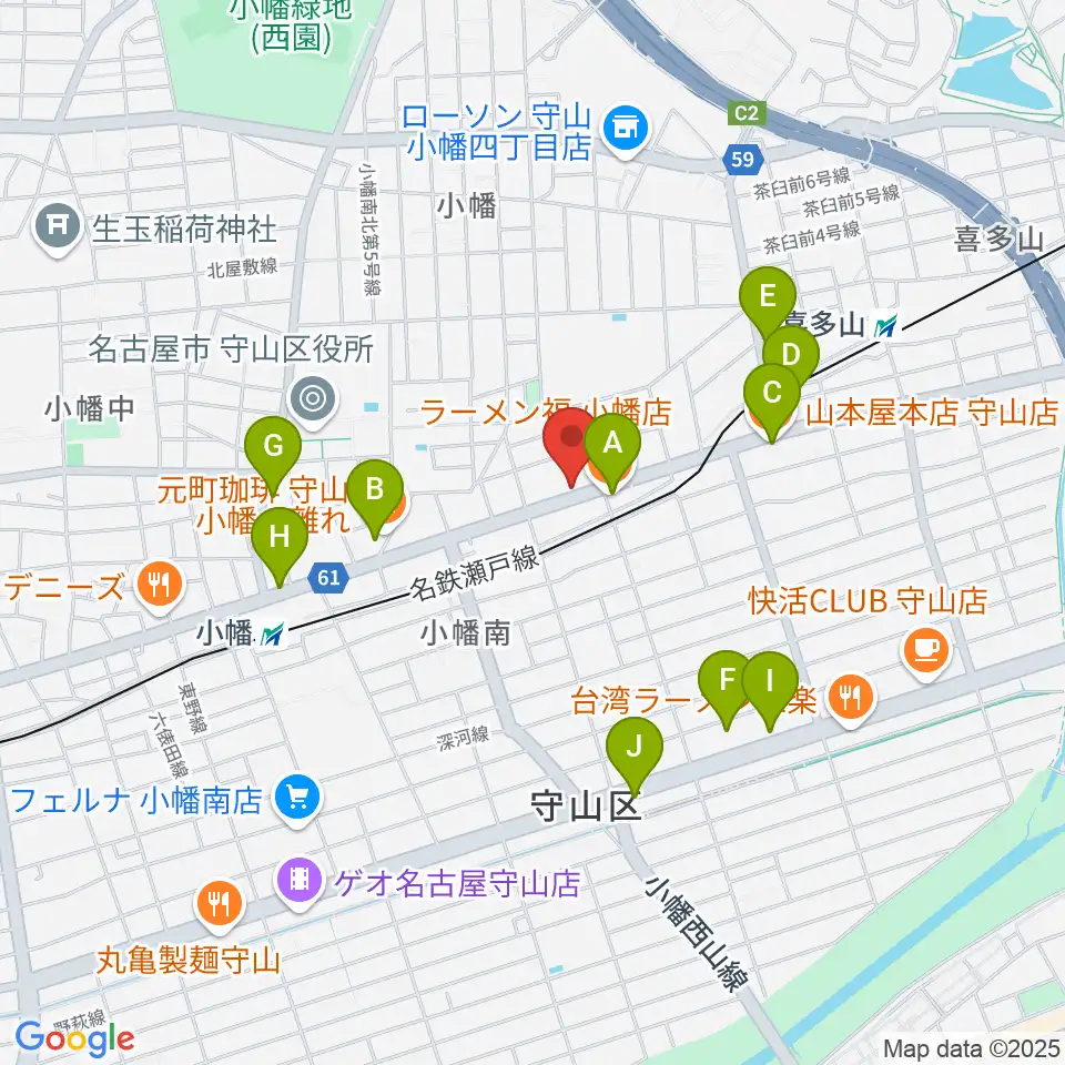 守山音楽センター ヤマハミュージック周辺のファミレス・ファーストフード一覧地図