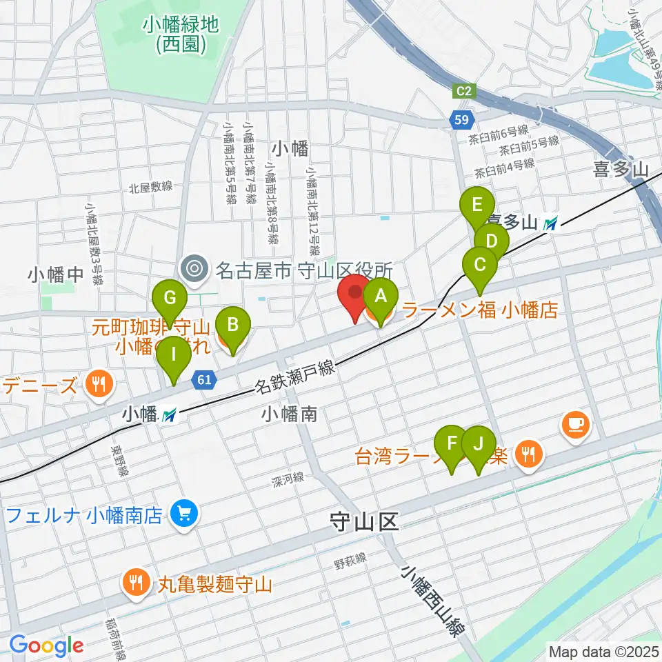 守山音楽センター ヤマハミュージック周辺のファミレス・ファーストフード一覧地図