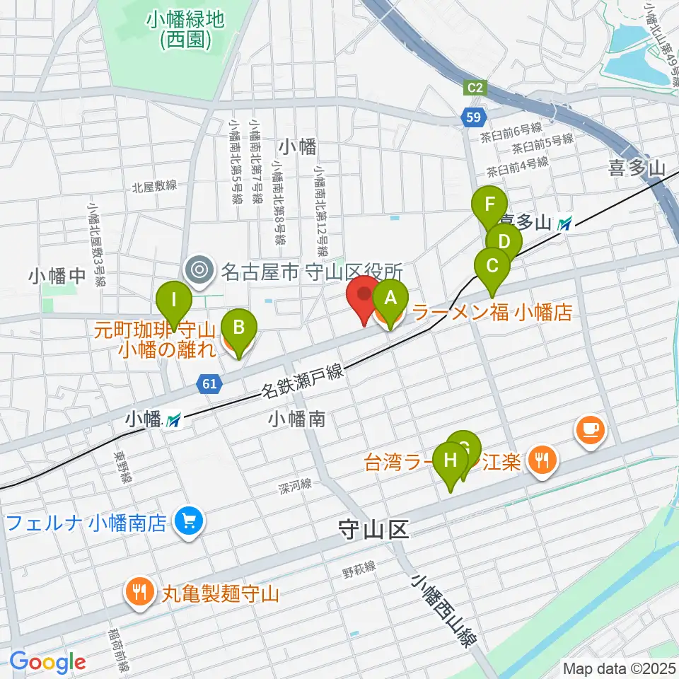 守山音楽センター ヤマハミュージック周辺のファミレス・ファーストフード一覧地図