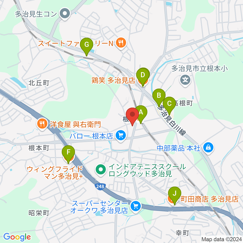 ミューズイワマ 根本店周辺のファミレス・ファーストフード一覧地図