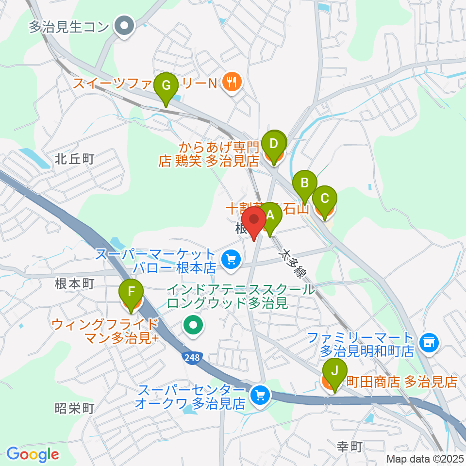 ミューズイワマ 根本店周辺のファミレス・ファーストフード一覧地図