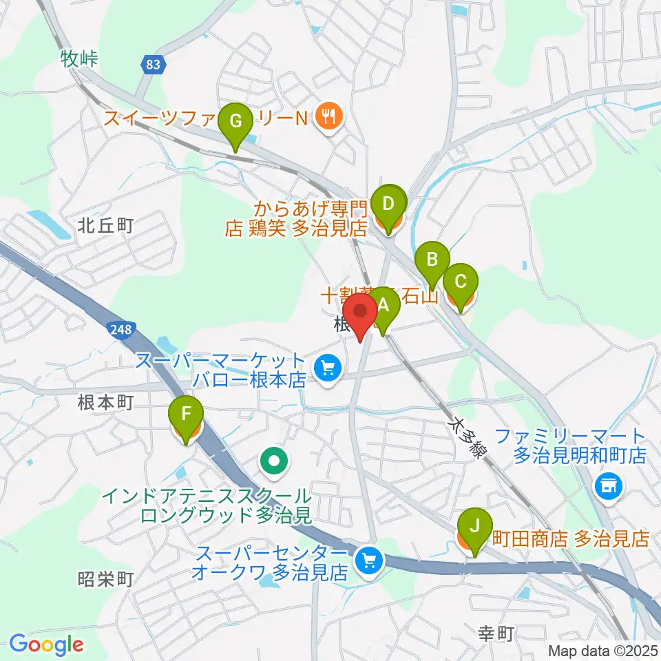ミューズイワマ 根本店周辺のファミレス・ファーストフード一覧地図