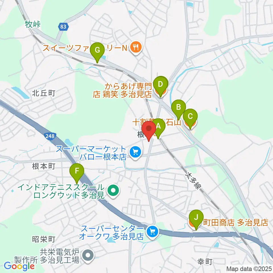 ミューズイワマ 根本店周辺のファミレス・ファーストフード一覧地図