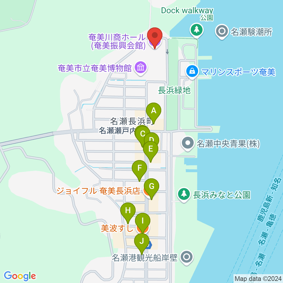 奄美川商ホール周辺のファミレス・ファーストフード一覧地図