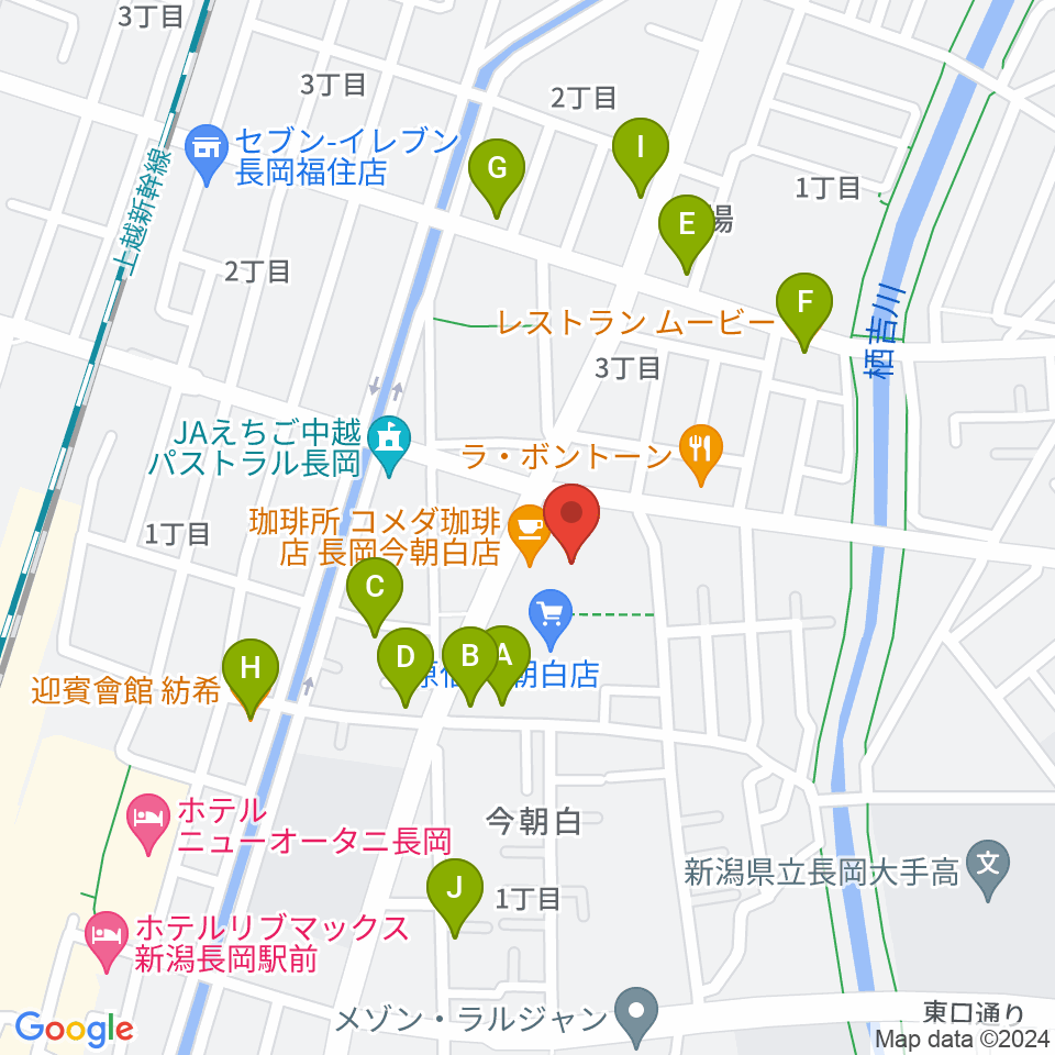 わたじん楽器 長岡店　周辺のファミレス・ファーストフード一覧地図