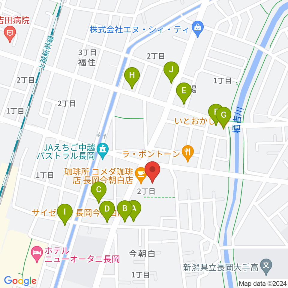 わたじん楽器 長岡店　周辺のファミレス・ファーストフード一覧地図