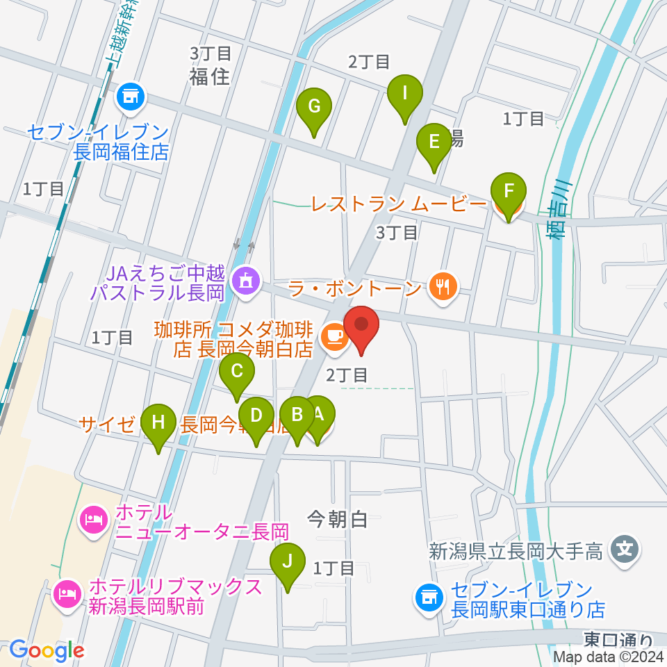 わたじん楽器 長岡店　周辺のファミレス・ファーストフード一覧地図