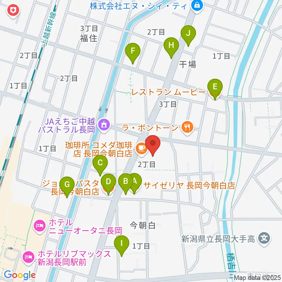 わたじん楽器 長岡店 周辺のファミレス・ファーストフード一覧地図