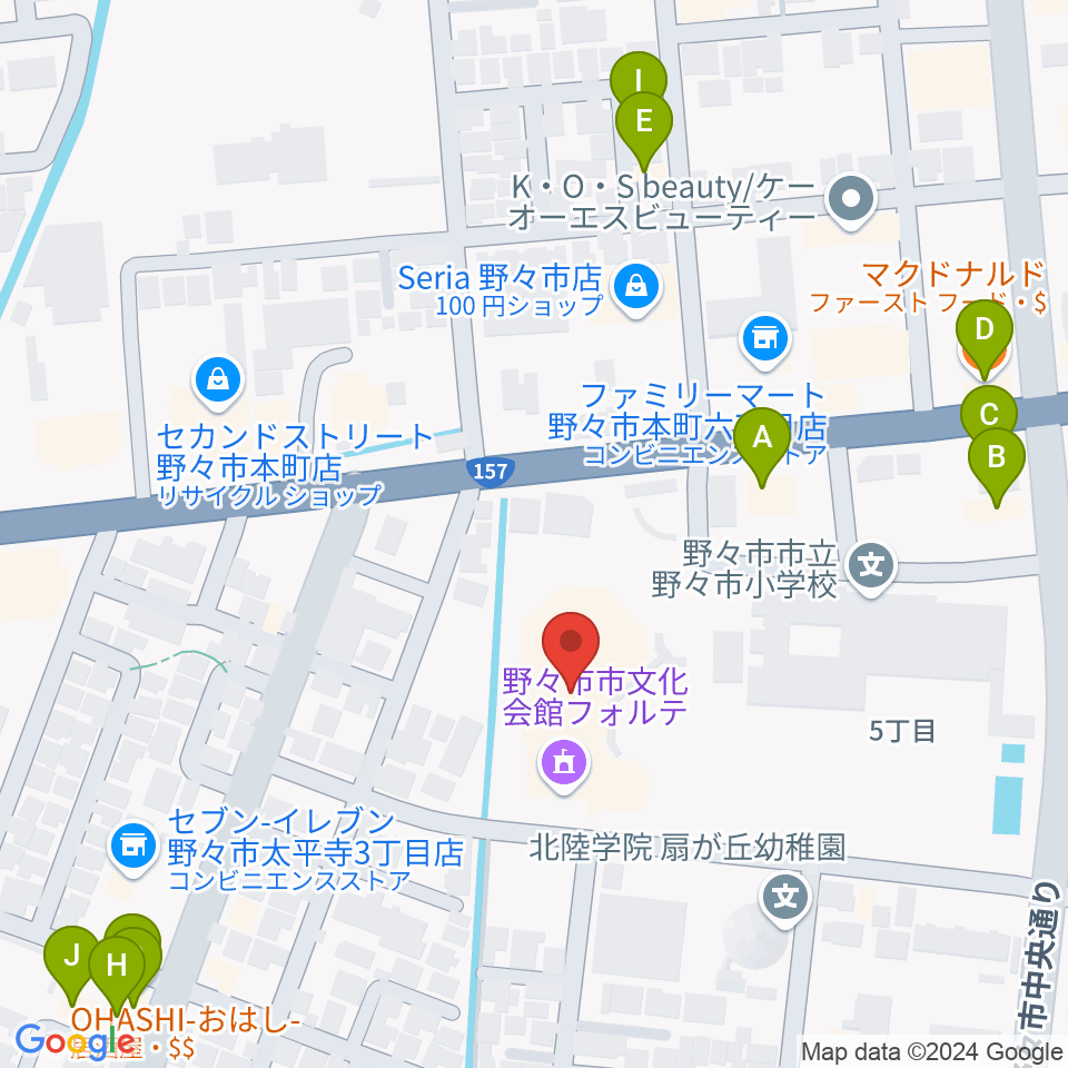 野々市市文化会館フォルテ周辺のファミレス・ファーストフード一覧地図