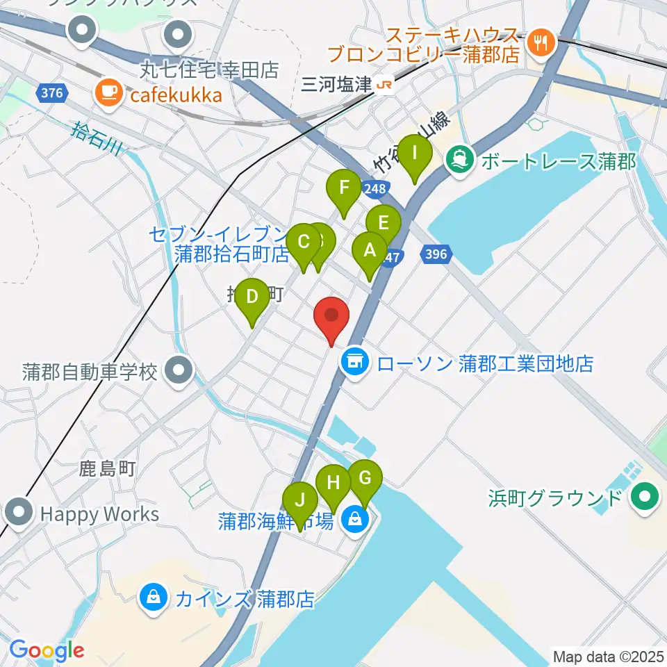 オリエント楽器 ヤマハ蒲郡中央センター周辺のファミレス・ファーストフード一覧地図