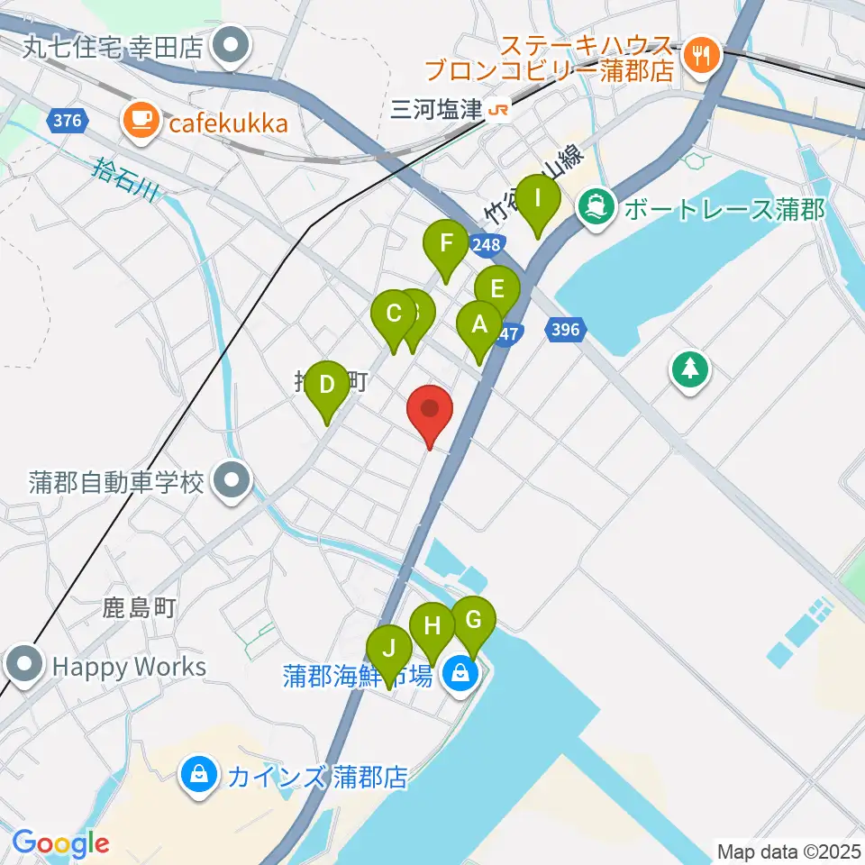 オリエント楽器 ヤマハ蒲郡中央センター周辺のファミレス・ファーストフード一覧地図