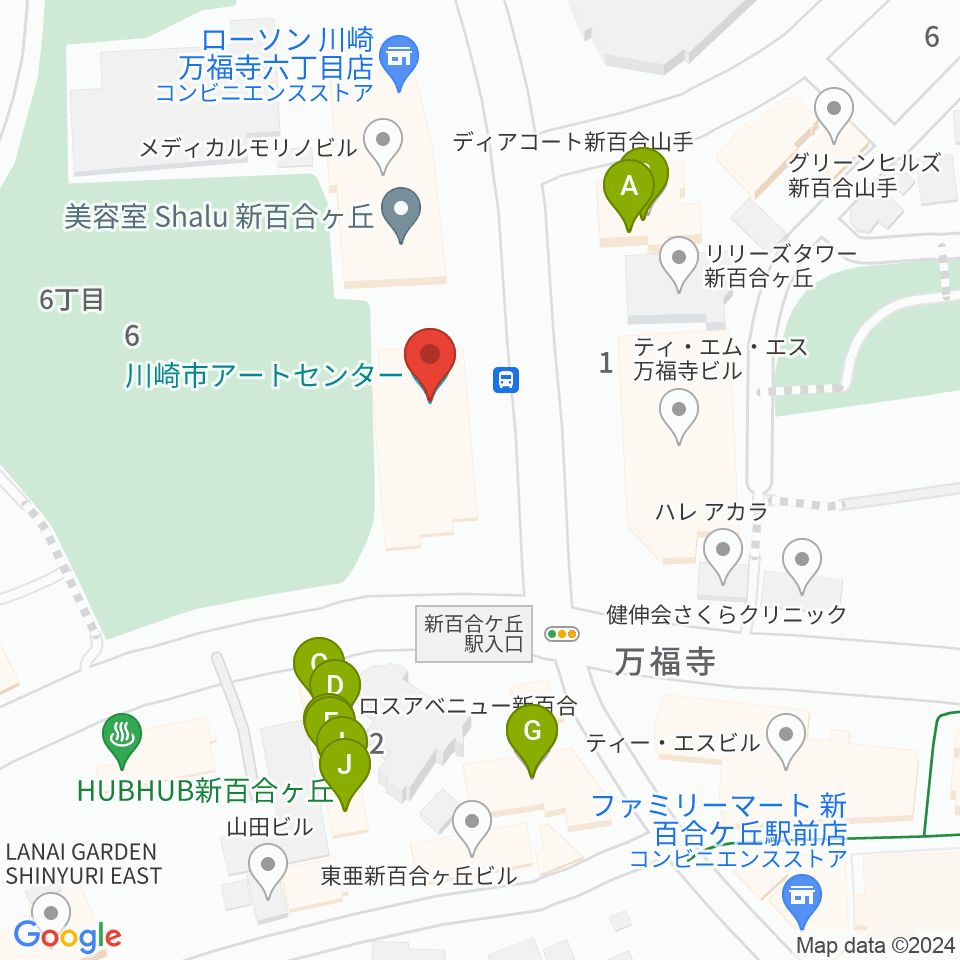 川崎市アートセンターアルテリオ小劇場周辺のファミレス・ファーストフード一覧地図