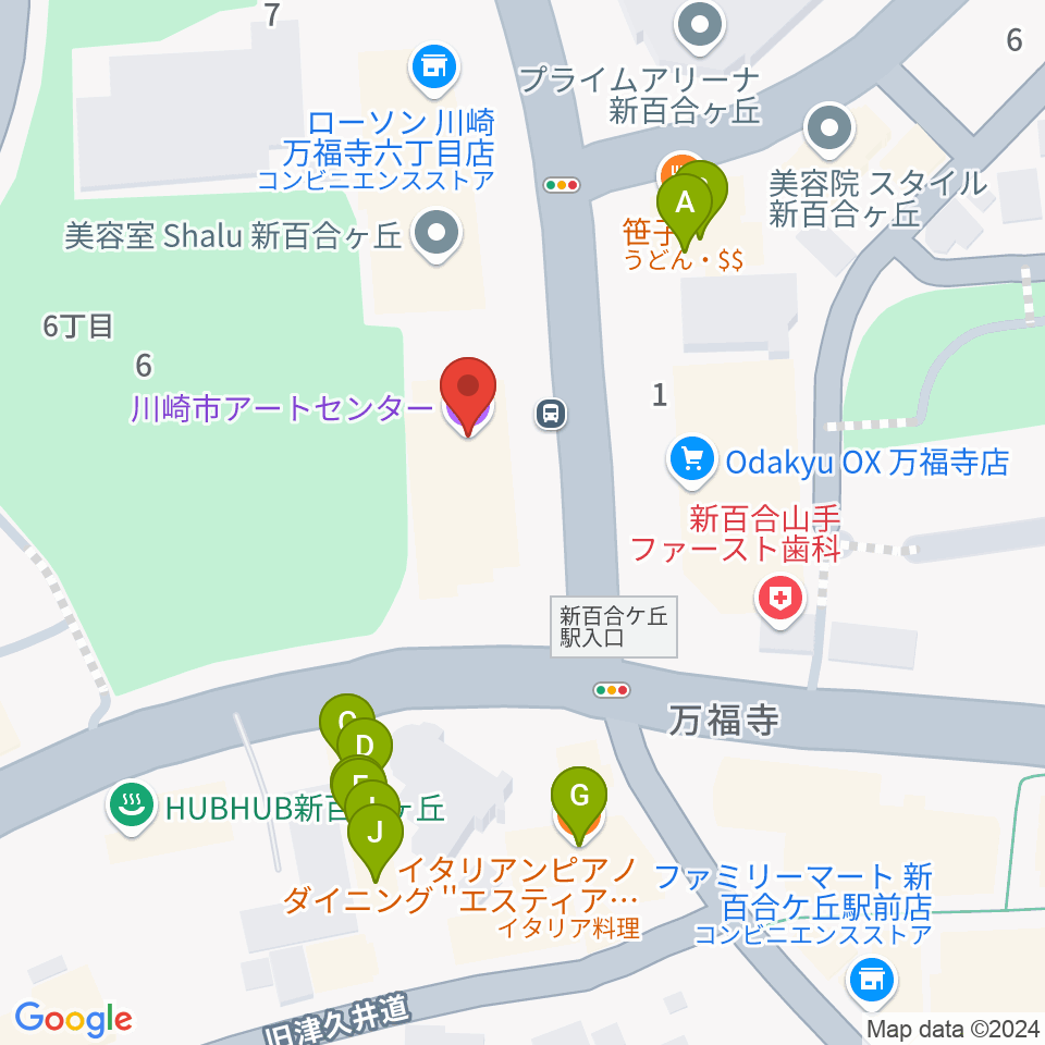 川崎市アートセンター周辺のファミレス・ファーストフード一覧地図