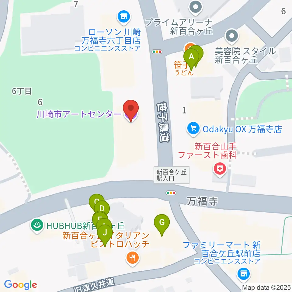 川崎市アートセンター周辺のファミレス・ファーストフード一覧地図