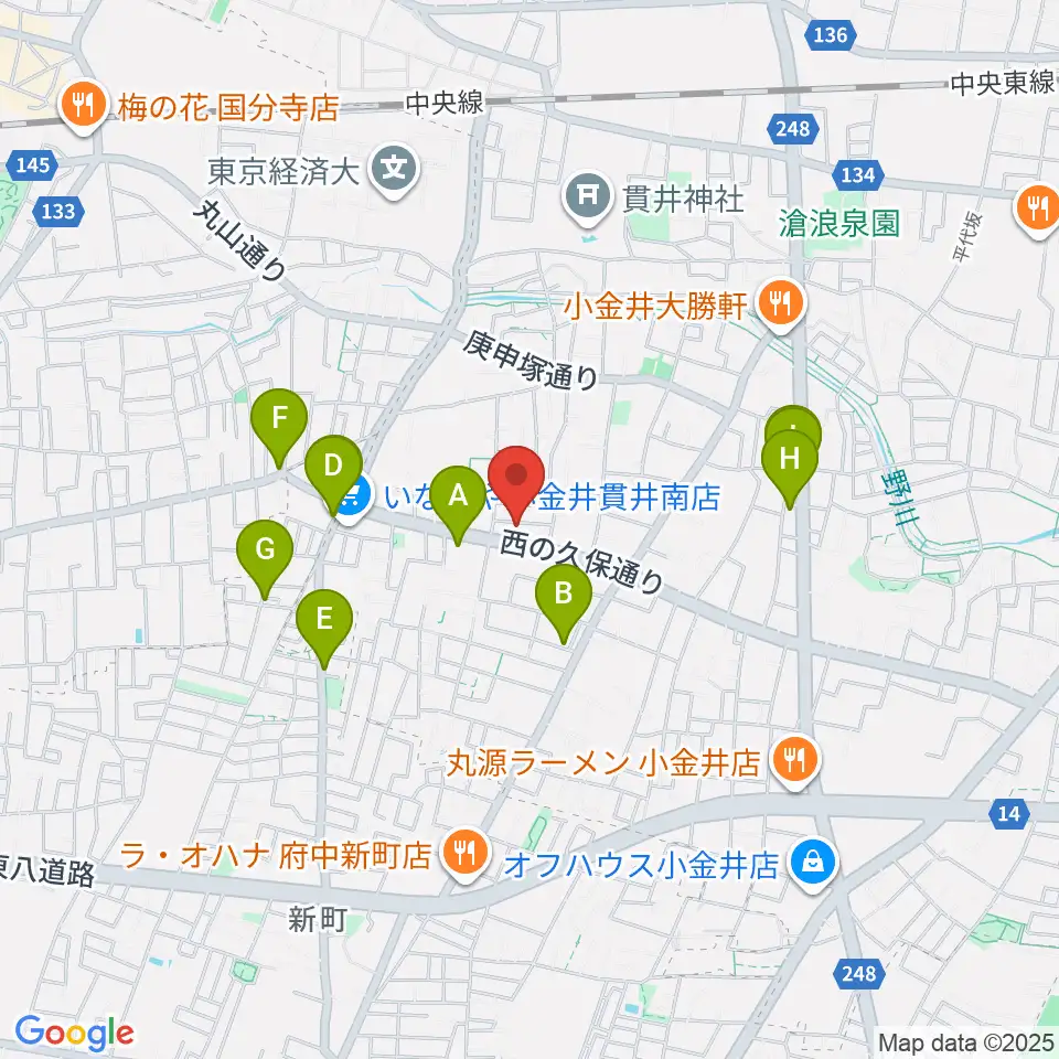 リンデピアノ教室周辺のファミレス・ファーストフード一覧地図