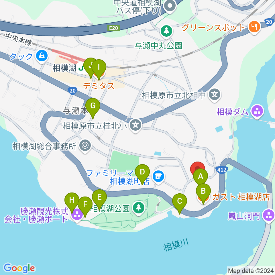 相模湖交流センター周辺のファミレス・ファーストフード一覧地図