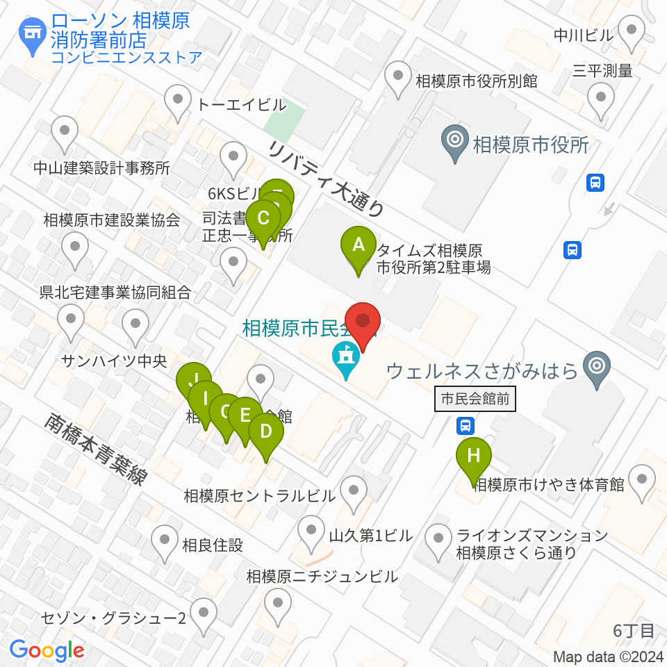 相模原市民会館周辺のファミレス・ファーストフード一覧地図