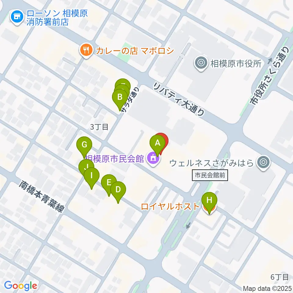 相模原市民会館周辺のファミレス・ファーストフード一覧地図