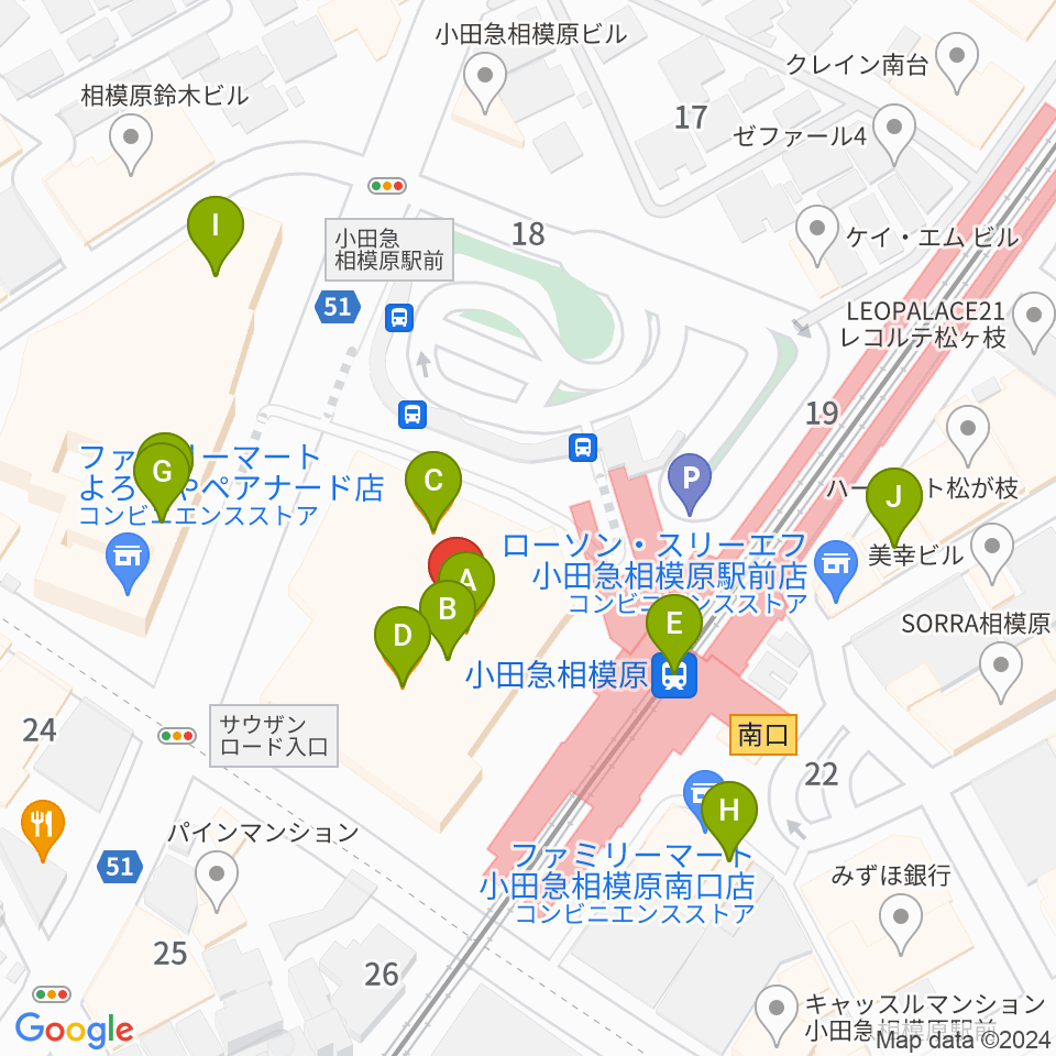 おださがプラザ周辺のファミレス・ファーストフード一覧地図