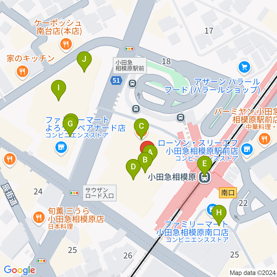 おださがプラザ周辺のファミレス・ファーストフード一覧地図