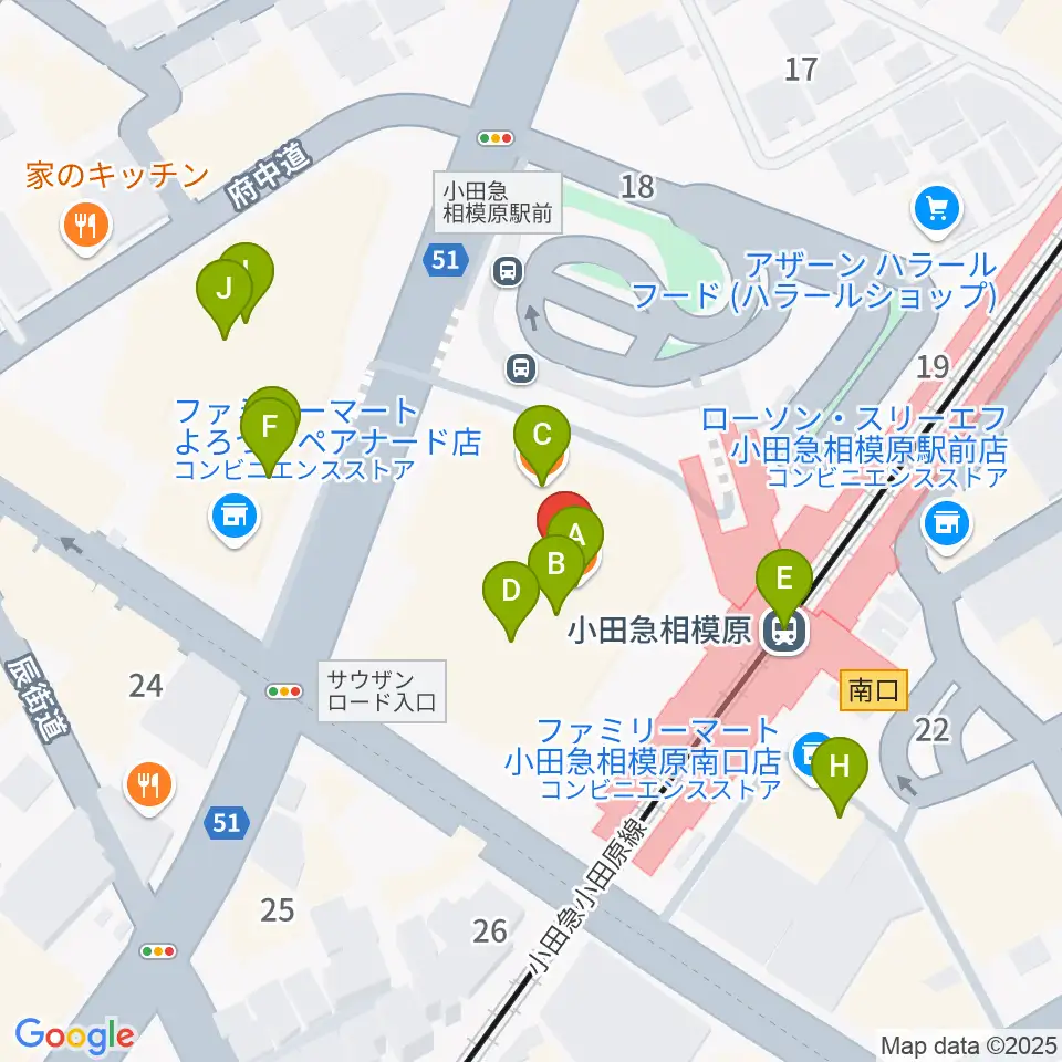 おださがプラザ周辺のファミレス・ファーストフード一覧地図