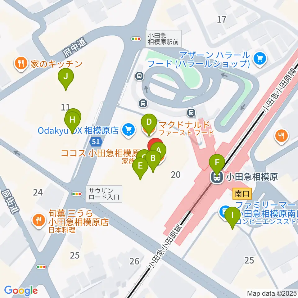 おださがプラザ周辺のファミレス・ファーストフード一覧地図